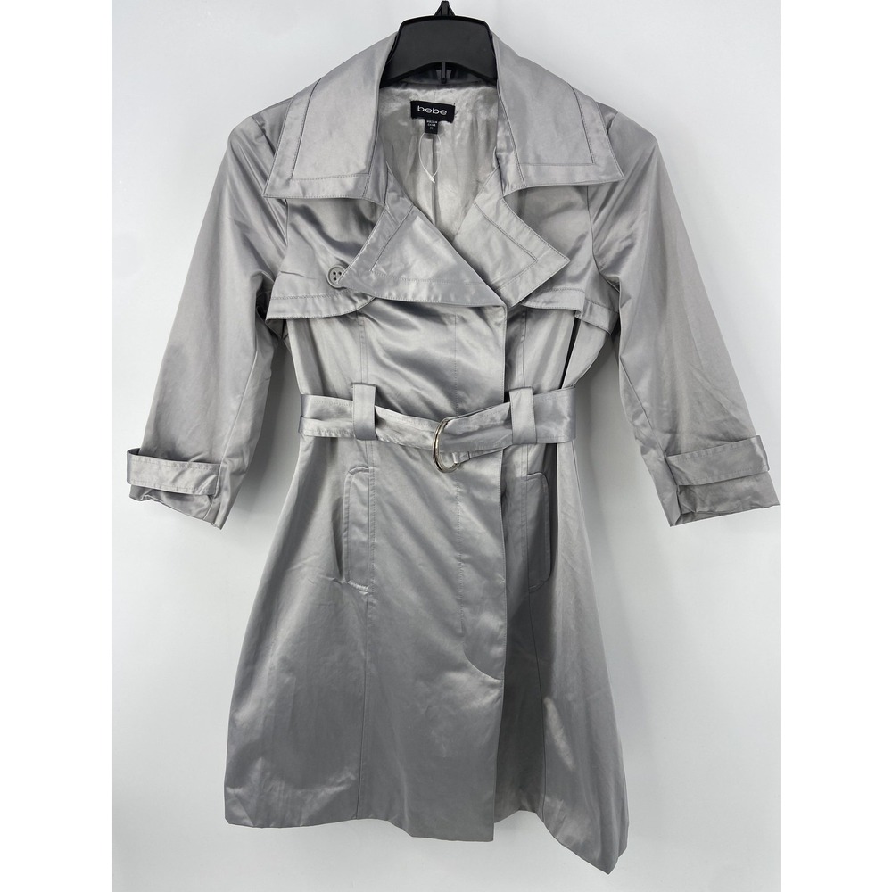 Bebe Jacket Women Medium Silver Trench Coat Short Lined Metallic Shiny Satin Y2K